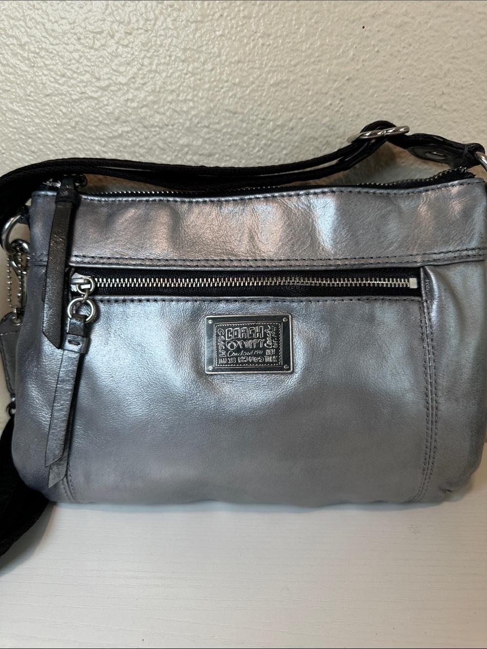 Coach POPPY Metallic Silver Distressed Leather Crossbody Bag with charm
